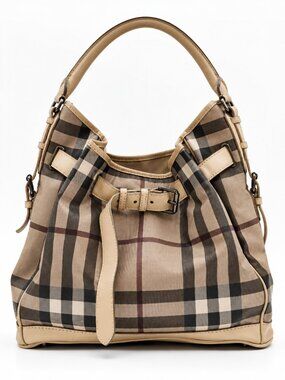 Burberry Nova Check Plaid Leather Trim Hobo Shoulder Bag Beige Brown Large